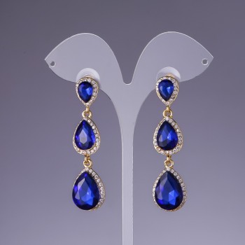 Blue Ultramarine Crystal Earrings, 6cm length, yellow metal