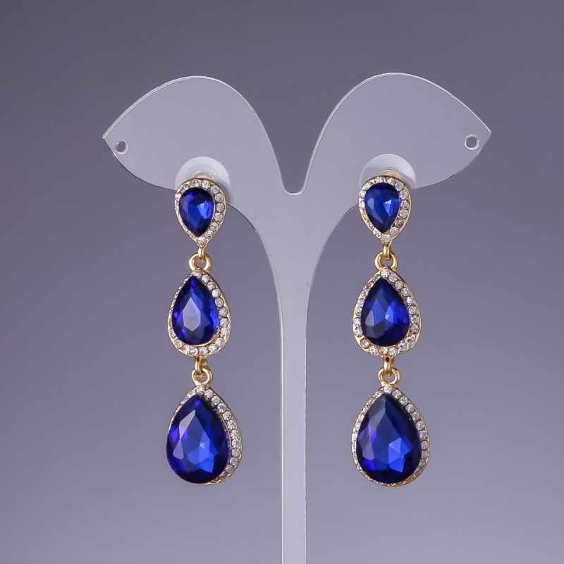 Blue Ultramarine Crystal Earrings, 6cm length, yellow metal