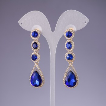 Blue Crystal Earrings, 6cm length, yellow metal
