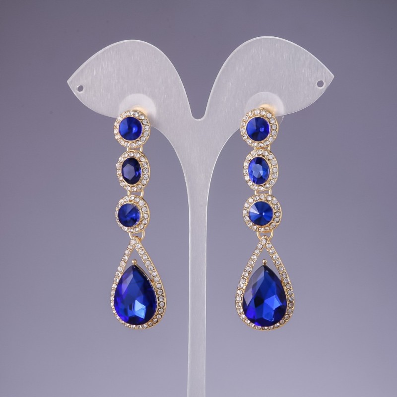 Blue Crystal Earrings, 6cm length, yellow metal
