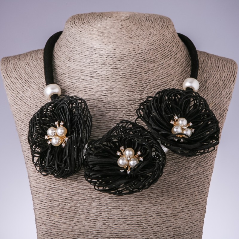 "Marigolds" Cord Necklace, Black Fashion Textile, 48-55cm length