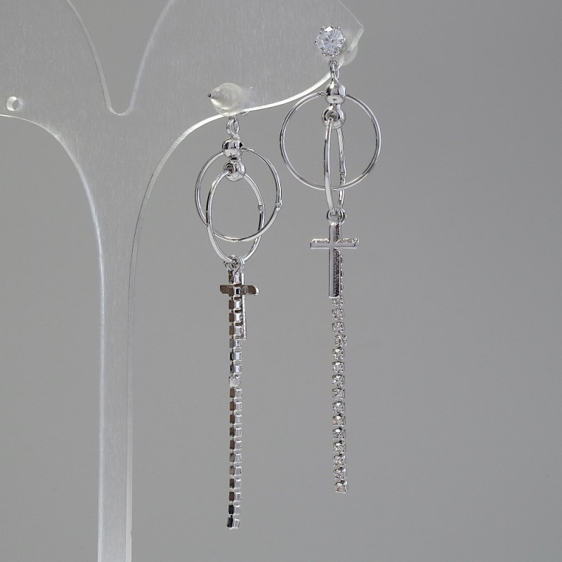 "Itaoliao" Cross Earrings, diameter 15mm, length 65mm, silver color