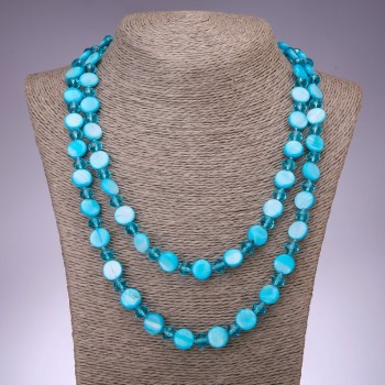 Long Blue Mother-of-Pearl Coin Necklace, 120cm