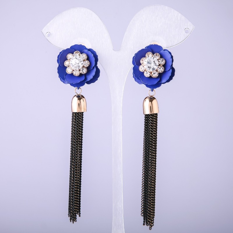 Tassel Earrings Blue Flower with Chains, 90mm Length