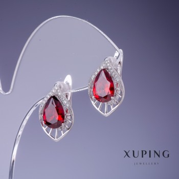 Xuping Earrings with Red Crystals 17x12mm Rhodium