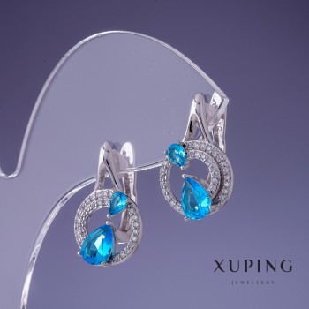Xuping Earrings Cubic Zirconia Blue Topaz 20x12mm Rhodium