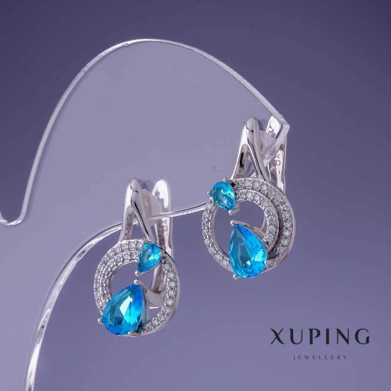 Xuping Earrings Cubic Zirconia Blue Topaz 20x12mm Rhodium