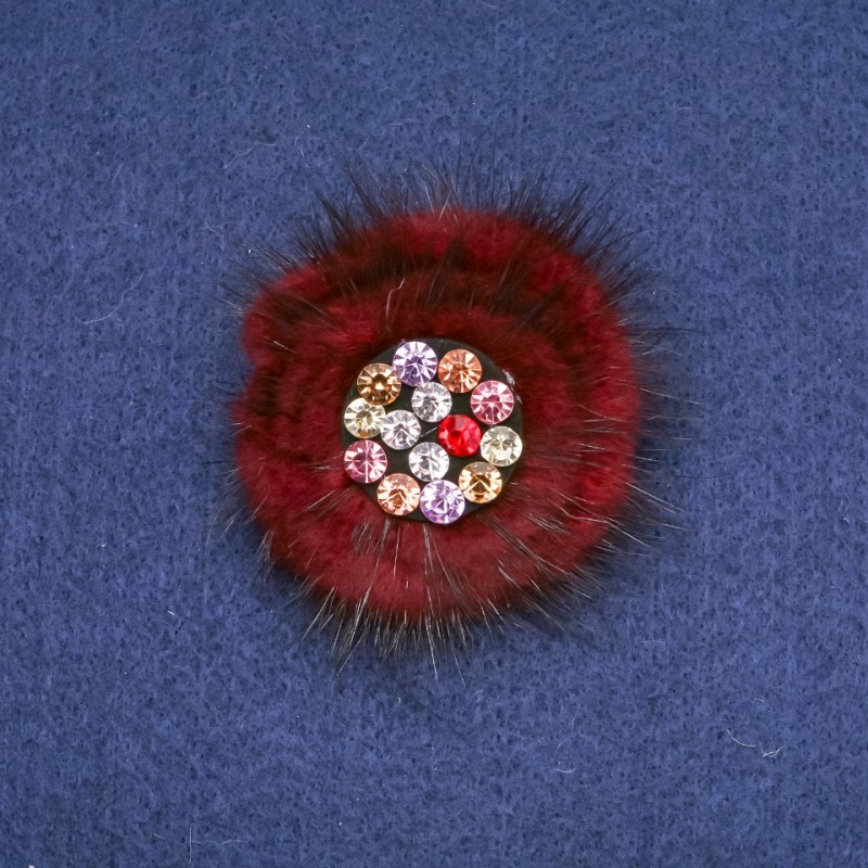 Mink Fur Brooch Burgundy with Rhinestones, Diameter 60mm