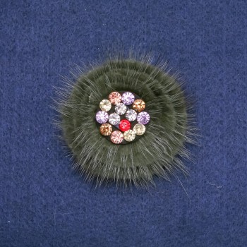 Mink Fur Brooch Green with Rhinestones, Diameter 60mm