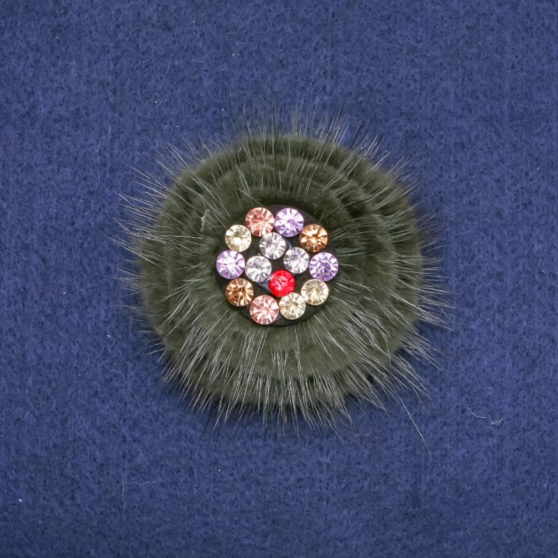 Mink Fur Brooch Green with Rhinestones, Diameter 60mm