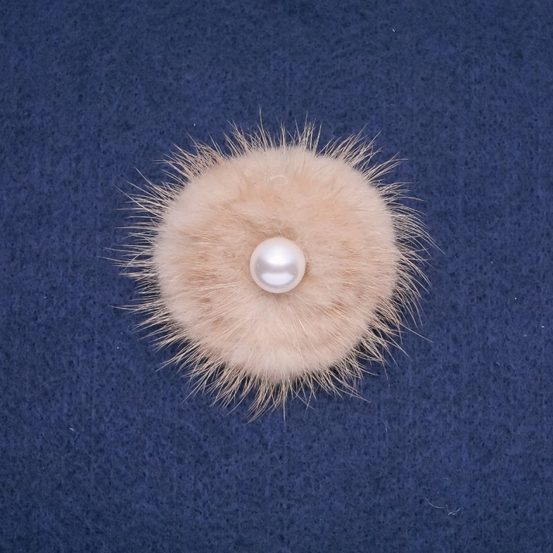 Mink Fur Brooch Beige with Bead, Diameter 50mm