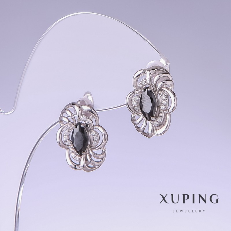 Xuping Earrings with Black Zircons, Length 17mm, Thickness 12mm, Rhodium