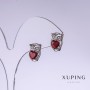 Xuping Owl Earrings with Red Zircons, Length 13mm, Thickness 9mm, Rhodium