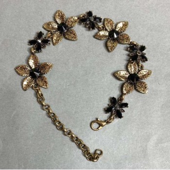 "Lilies" Bracelet with Black Crystals, Dark Gold, Width 25mm, Length 19-25cm