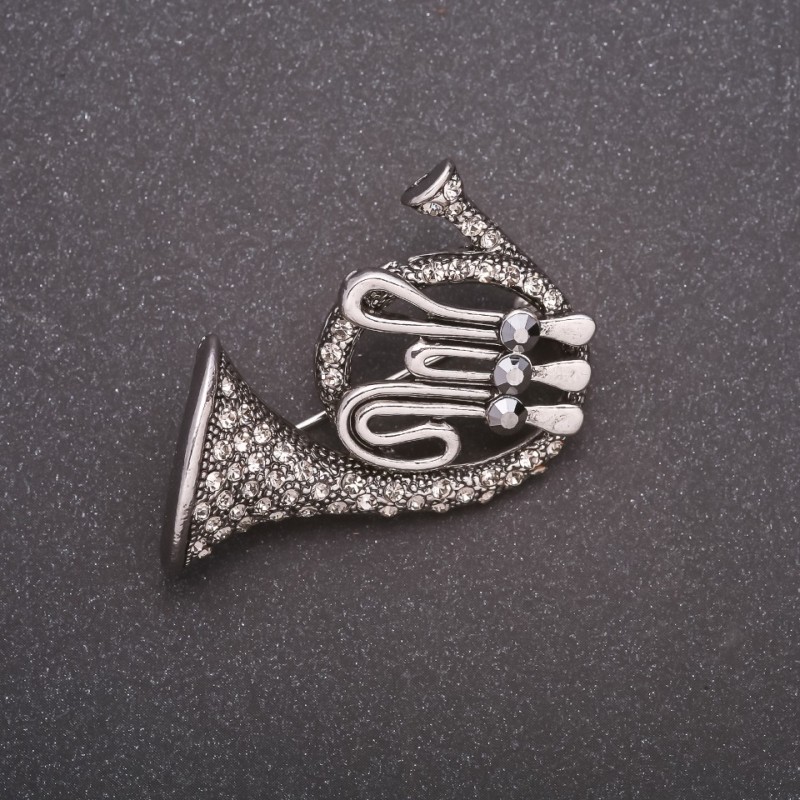 Trumpet Brooch with Rhinestones, Gray Metal, 42x45mm