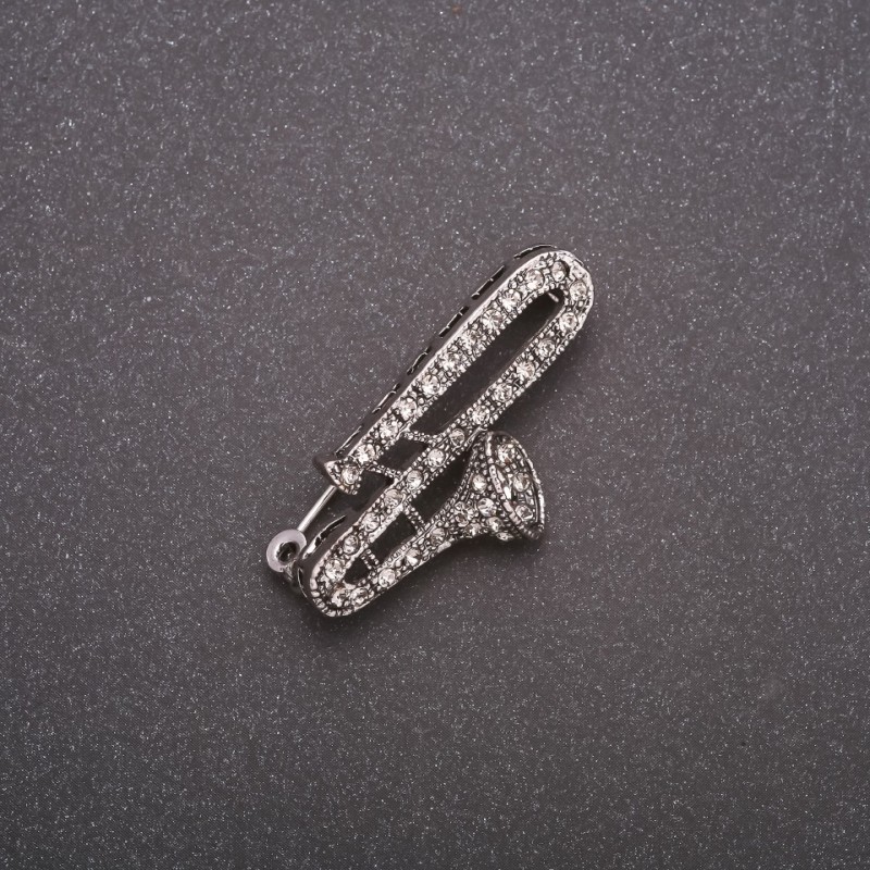 Flute Brooch with Rhinestones, Gray Metal, 38x19mm