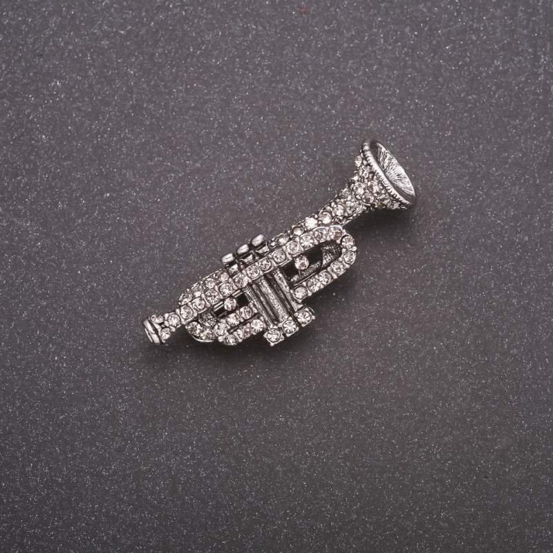 Trumpet Brooch with Rhinestones, Gray Metal, 42x14mm