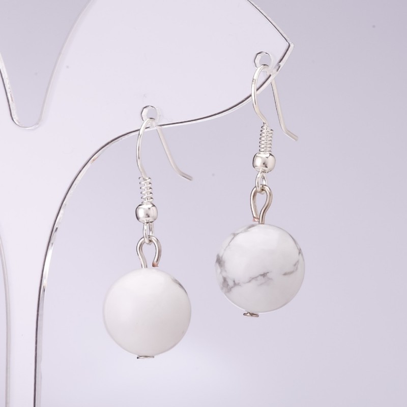 Cacholong Earrings, diameter 12mm, length 34cm