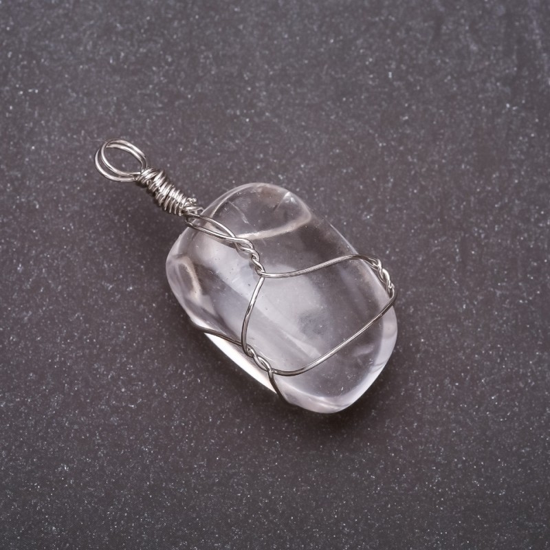 Tumbled Natural Rock Crystal Pendant in Silver-Tone Wire Wrap, 20x20mm (+/-)