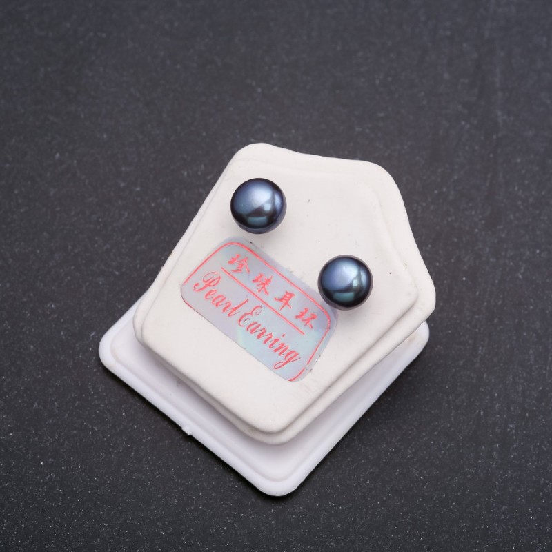 Stud Earrings River Pearls Silver-Tone Clasp, 8-9mm Diameter, Black Prince Color