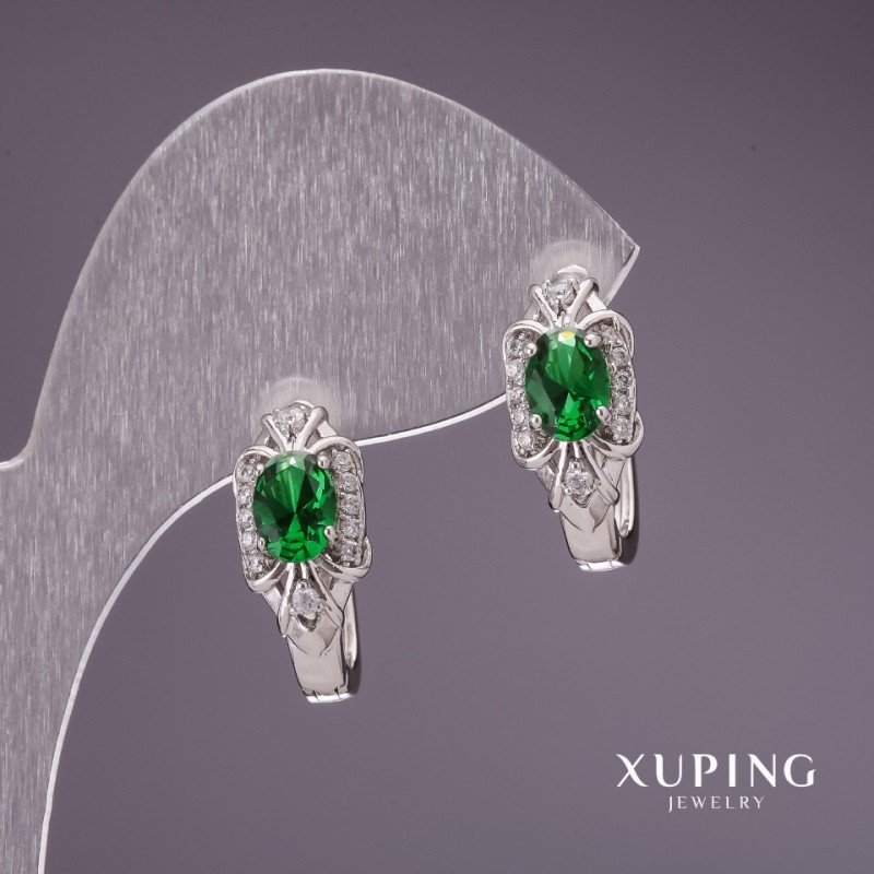 Xuping Earrings with Green Stones 28x8mm Rhodium