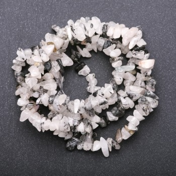 Natural Stone "Hair" Rutilated Quartz Beads, White Quartz Chips on Thread, Diameter 5-8mm (+/-), Length 85cm