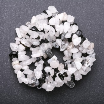 Natural Stone "Hair" Rutilated Quartz Beads, White Quartz, Black Agate Chips on Thread, Diameter 5-8mm (+/-), Length 85cm