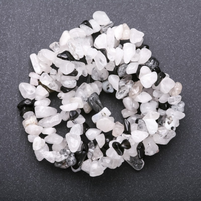 Natural Stone "Hair" Rutilated Quartz Beads, White Quartz, Black Agate Chips on Thread, Diameter 5-8mm (+/-), Length 85cm