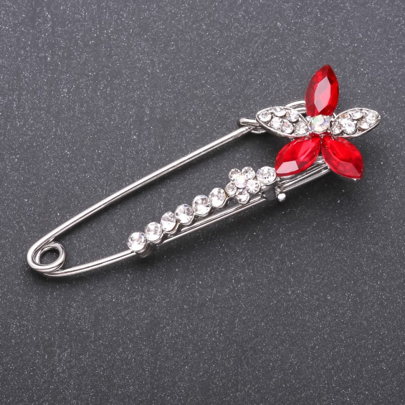 Stick Pin Brooch with Red Glass Crystals 68x23mm White Metal