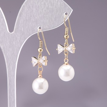 Bow Earrings with White Beads, 10mm Diameter, 3cm Length, Yellow Metal