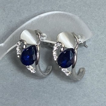 "Elegant" Earrings, Silver-Tone Metal / Blue Rhinestone / "Cat's Eye" / 23x12mm