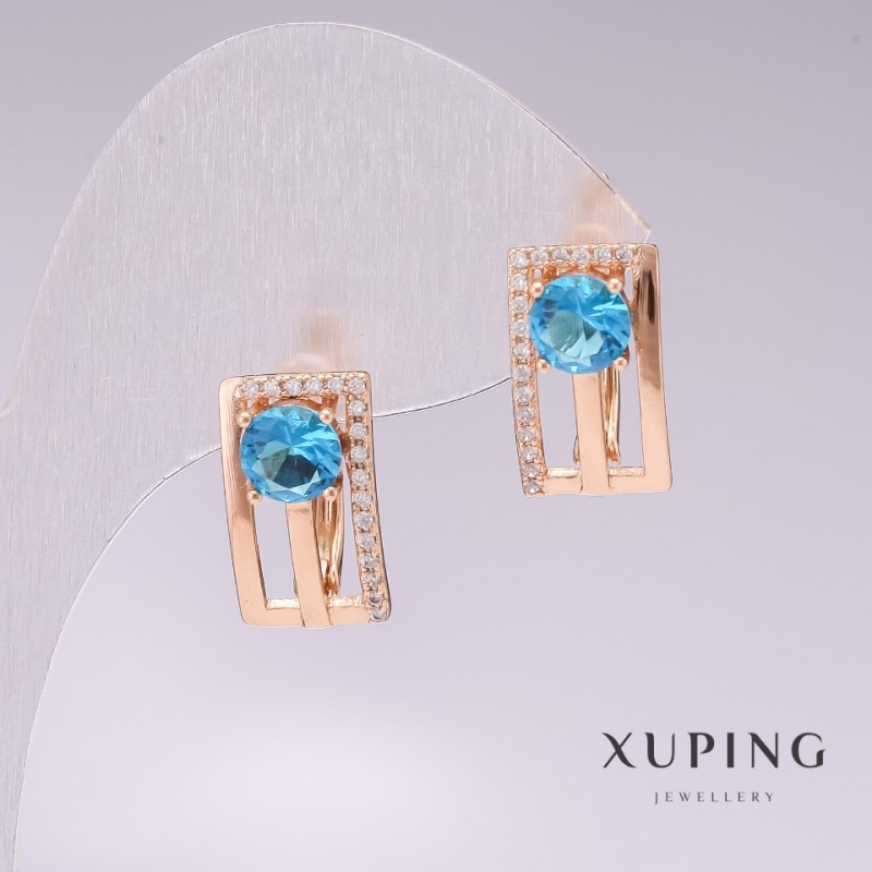 Xuping Earrings, 18K Gold Plated, with Light Blue Stones and White Rhinestones, 16x9mm
