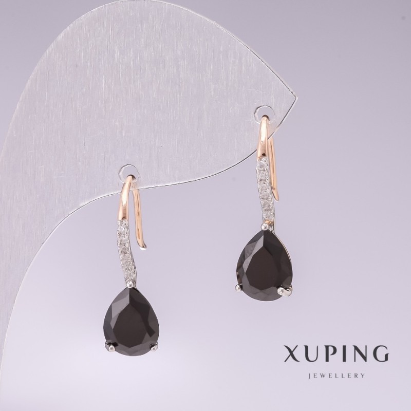 Xuping Earrings, 18K Gold Plated and Rhodium, with Black Stones and White Rhinestones 21x7mm