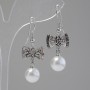 Bow Dangle Earrings, with Pearls (Faux) and Rhinestones (Silver-Tone Metal) 3.7 x 1.5 cm