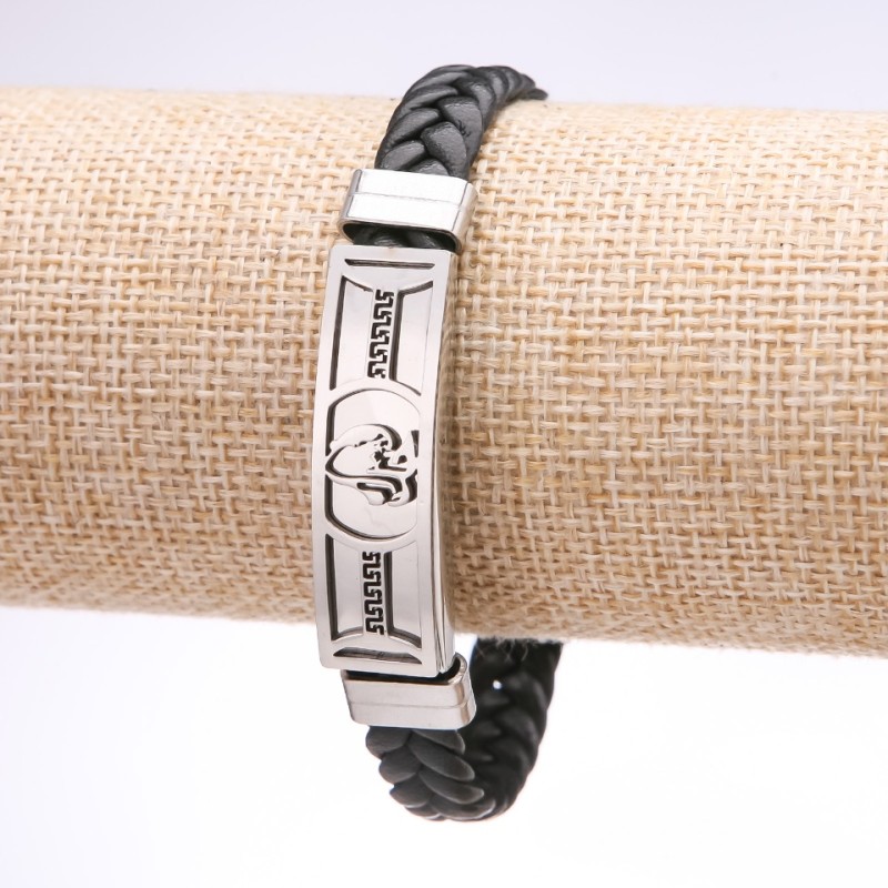 Unisex Greek Ornament Bracelet, braided eco-leather, steel plate, thickness 12mm, length 20cm