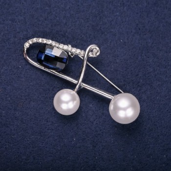 Accent Brooch White Rhinestones Pearl Beads Blue Stone Color 60x35mm Silver-Tone Metal
