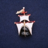 Ship Brooch, White & Black Enamel, 30x44mm, Yellow Metal