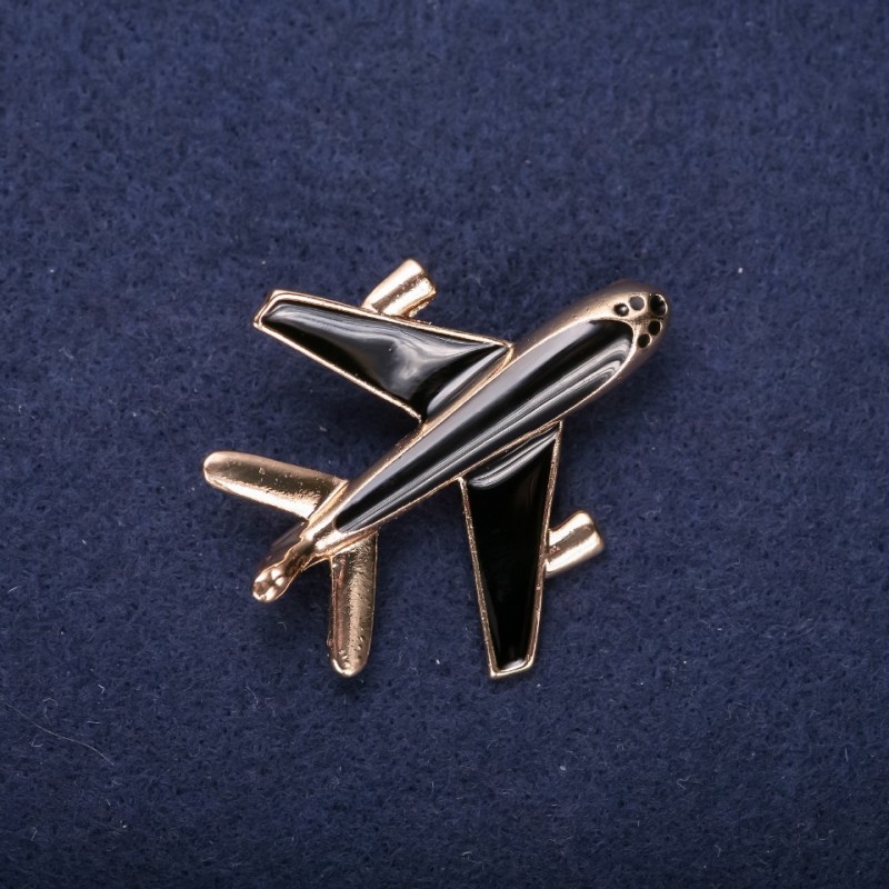Airplane Brooch, Black Enamel, 45x40mm, Yellow Metal
