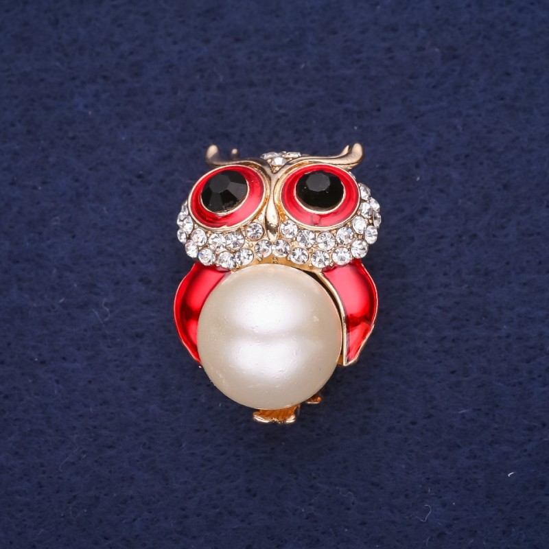 Sale! Owl Brooch with Pearl Bead, Enamel Rhinestones White Red Black 32x22mm Gold-Tone Metal