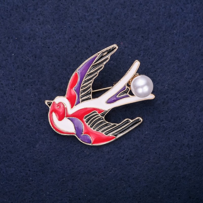 Swallow Brooch Enamel Red White Black Purple 39x30mm Gold-Tone Metal