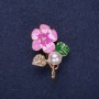 Flower Brooch with Pearl Bead, Enamel and Rhinestones, White Green Pink, 32x23mm, Gold-Tone Metal