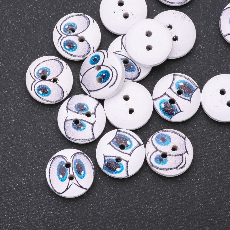 Wooden Kids' Buttons "Glasses" White/Blue, 15mm, pack of 25 pcs