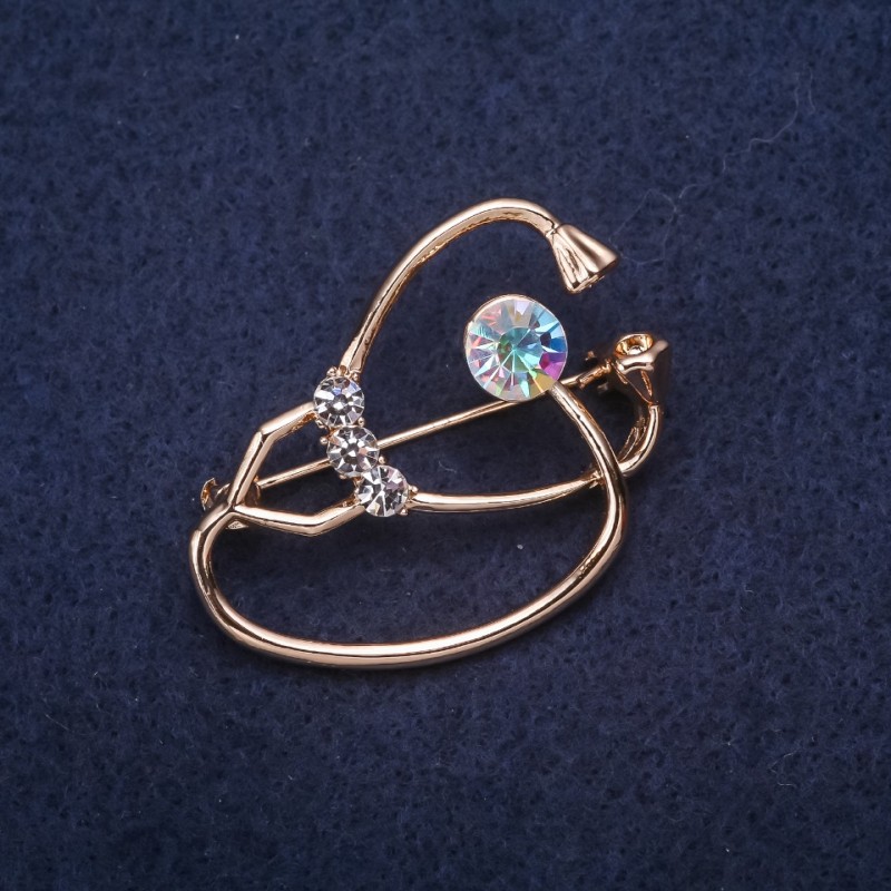 Stethoscope Brooch, White Chameleon Rhinestones, 37x26mm, Gold-Tone Metal