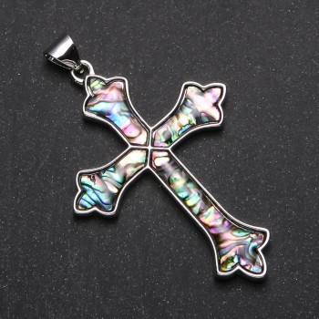 Cross Pendant with Abalone in Setting, 68x47mm