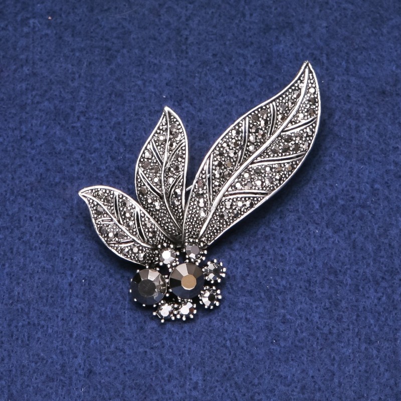Clearance! Leaves Brooch with Rhinestones, Gray Metal, 60mm