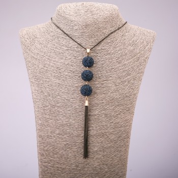 "Trio" Pendant with Blue Rhinestones on Long Chain, "Black Gold" Metal, Diameter 16x155mm, Length 70cm