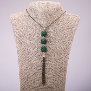"Trio" Pendant with Green Rhinestones on Long Chain, "Black Gold" Metal, Diameter 16x155mm, Length 70cm