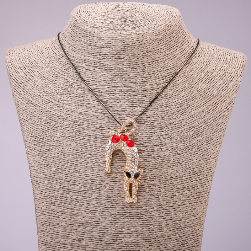 "Cat" Pendant with Crystals on Long Chain, "Black Gold" Metal, Diameter 31x65mm, Length 70cm