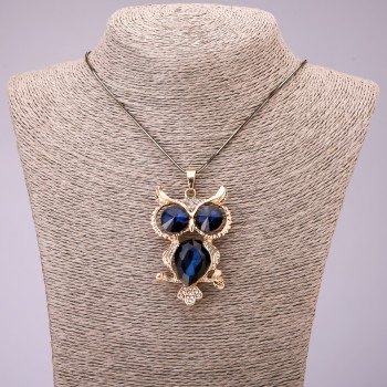 "Owl" Pendant with Blue Crystals on Long Chain, "Black Gold" Metal, Diameter 41x62mm, Length 70cm