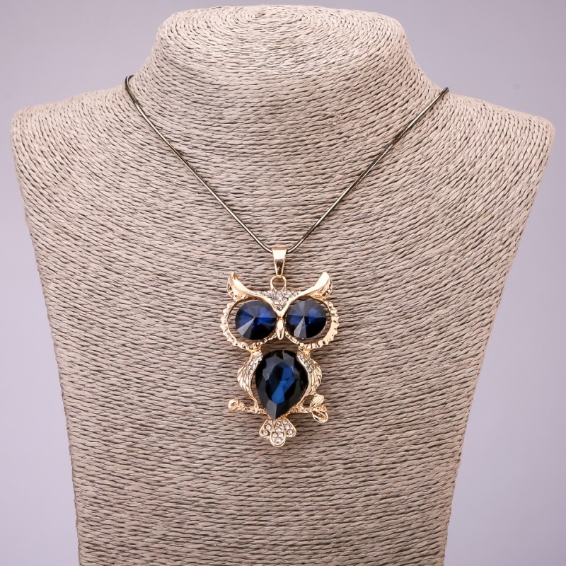 "Owl" Pendant with Blue Crystals on Long Chain, "Black Gold" Metal, Diameter 41x62mm, Length 70cm